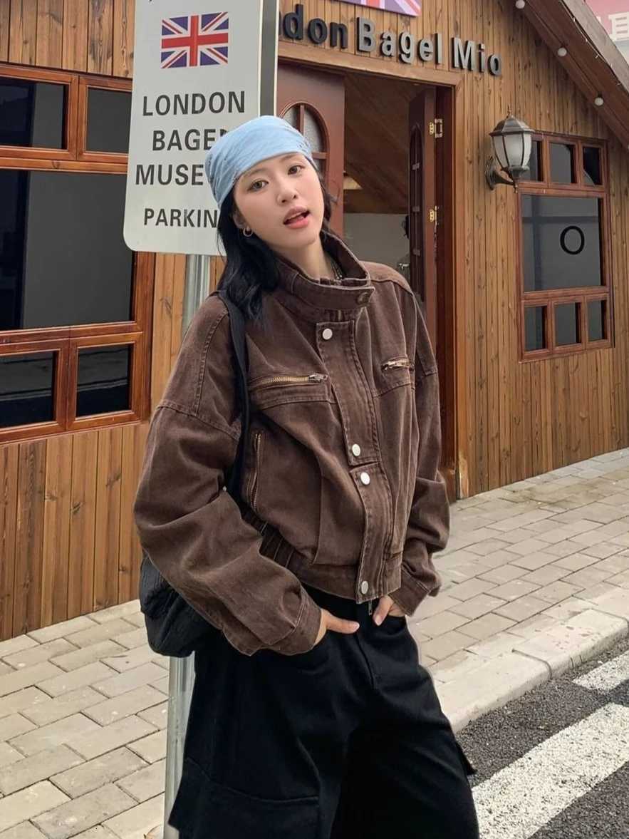 Women's Jackets Black Harajuku Vintage Safari Denim Coats with Hooded Women Zipper Sweatshirts Casual Streetwear Punk Jean Jacket Y2k Stand Nec