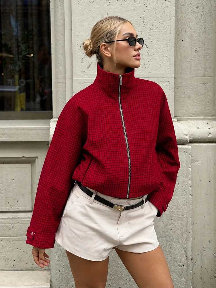 Women's Jackets HH Fashion Women's Red Plaid Bomber Jacket 2026 Autumn Stand Collar Zip Up Cropped Coat Female Vintage Oversized Streetwea