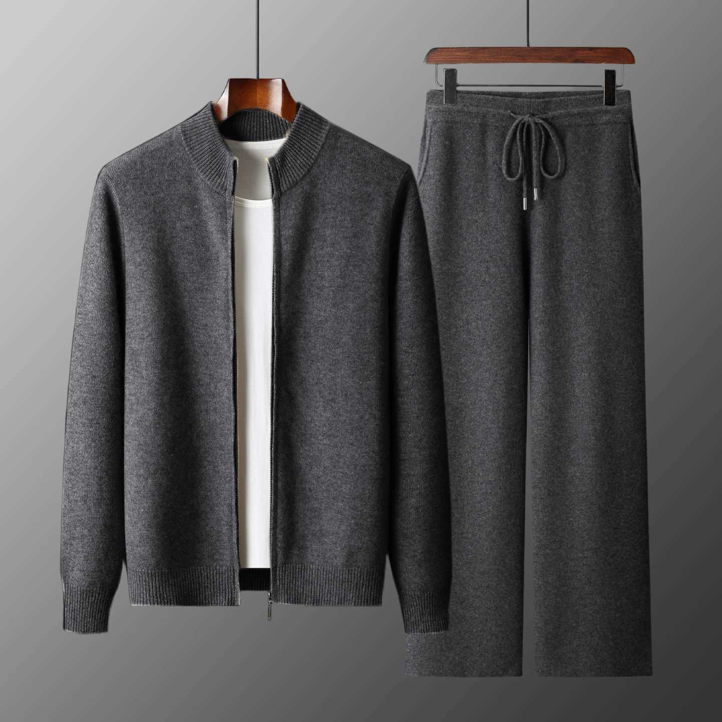 Tracksuits Classy Man Men's 100% Merino Wool Sweater Trousers Set Autumn Winter Thick Warm Zipper Cardigan Jacket Wide Leg Pants Two Pieces Set