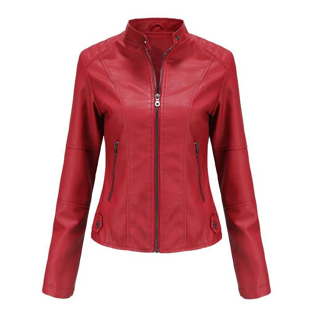 Faux Women's Leather Leather Spring Women's Red Long-sleeved Artificial Leather Jacket Black Stand-up PU Coat European Size Available in B