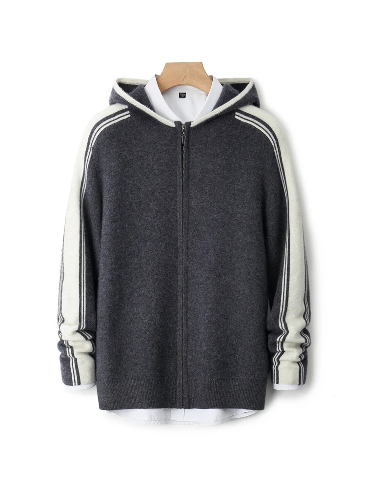 Men 100 Merino Wool Thicken Sweater Coat Hooded Collar Zipper Cardigan Autumn Winter Cashmere Color Block Knitwear Casual Top 260828