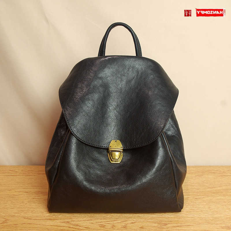 simple Backpack Style Cowhide leather women's backpack shoulder bag ladies school bag 2024 new soft black leather Hasp backpacks H260922