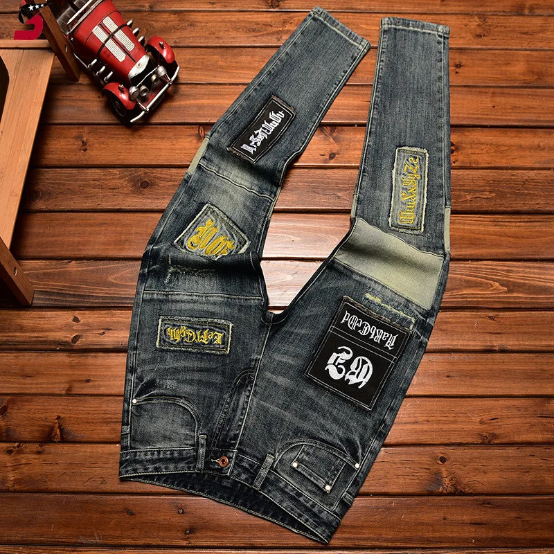 High-End Jeans Men's Autumn and Winter Fashion Ripped Patch Pu Shuai Embroidered Printed Slim Fit Skinny Stretch Pants 260922