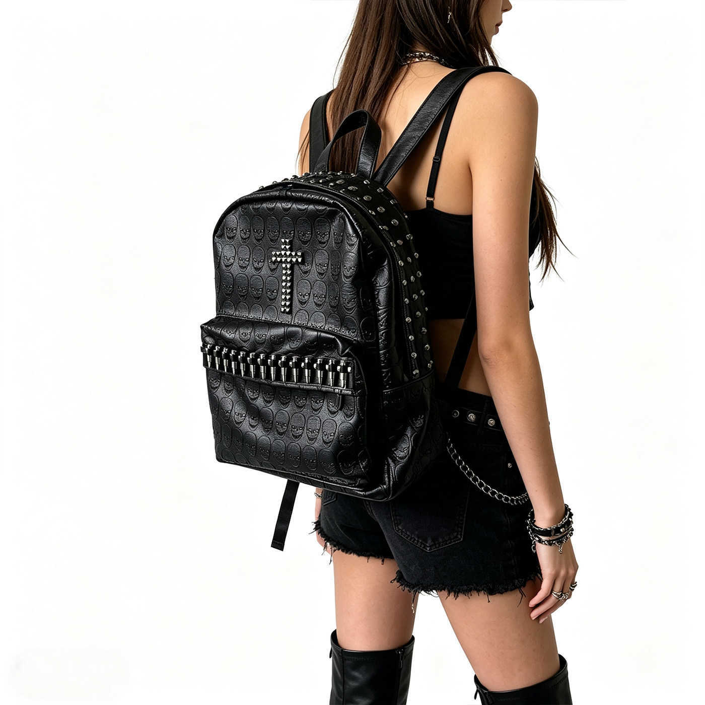 Black Y2K Backpack Leather Style Backpack Punk Goth Skull Pattern Personality Backpacks Large Capacity Commuter Rock Backpack H260922
