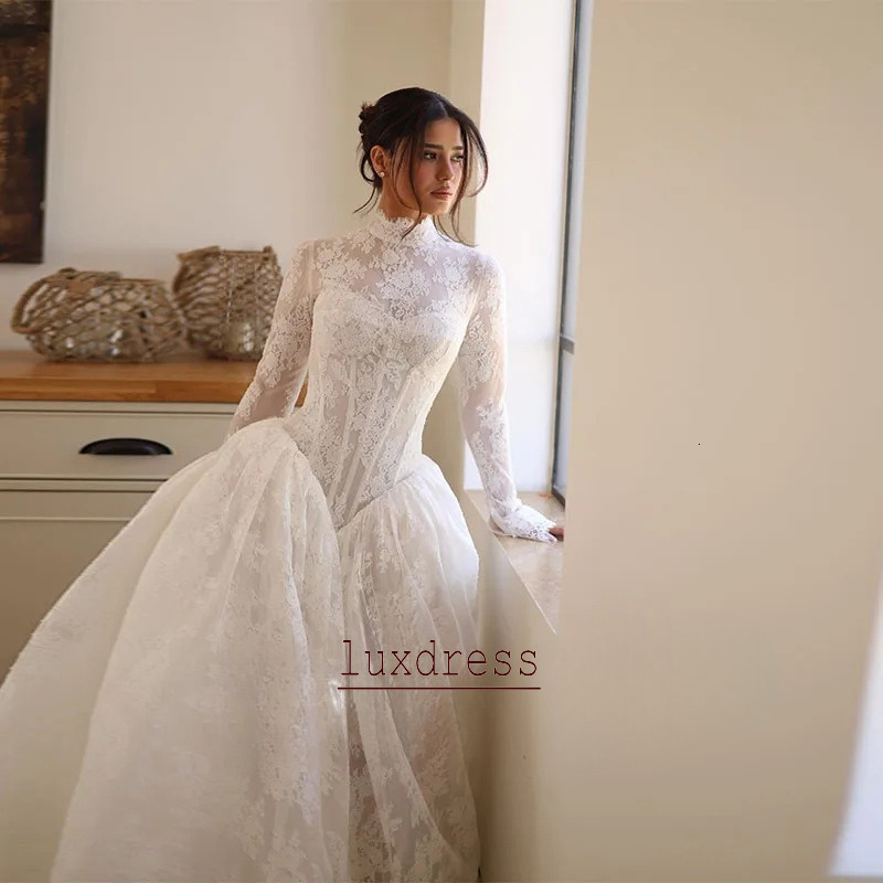 Vintage High Neck Long Sleeve Lace A Line Wedding Dresses Luxury Court Train Bridal Gown vestidos de novia