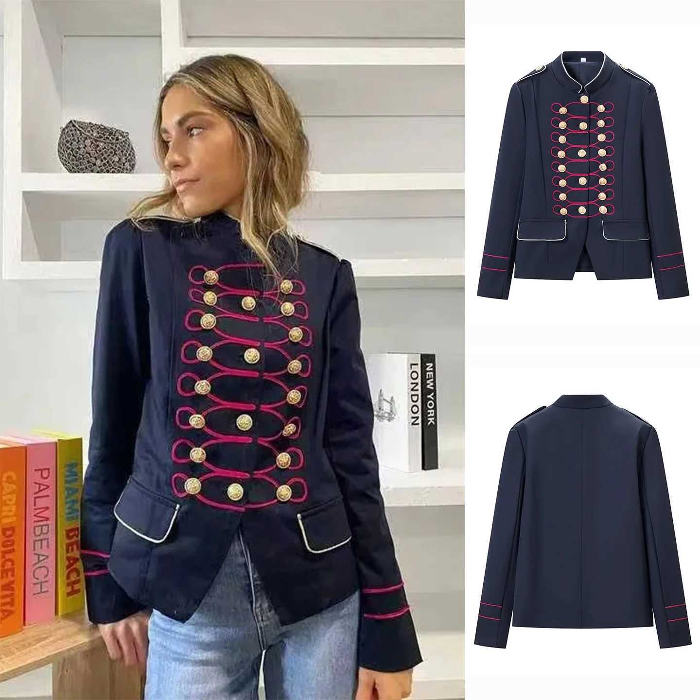 Women's Jackets Spring Summer New Women's Commuter Loose Fit Stand Collar Long Sleeve Metal Button Decorated Short Jacket Outerwear C26092