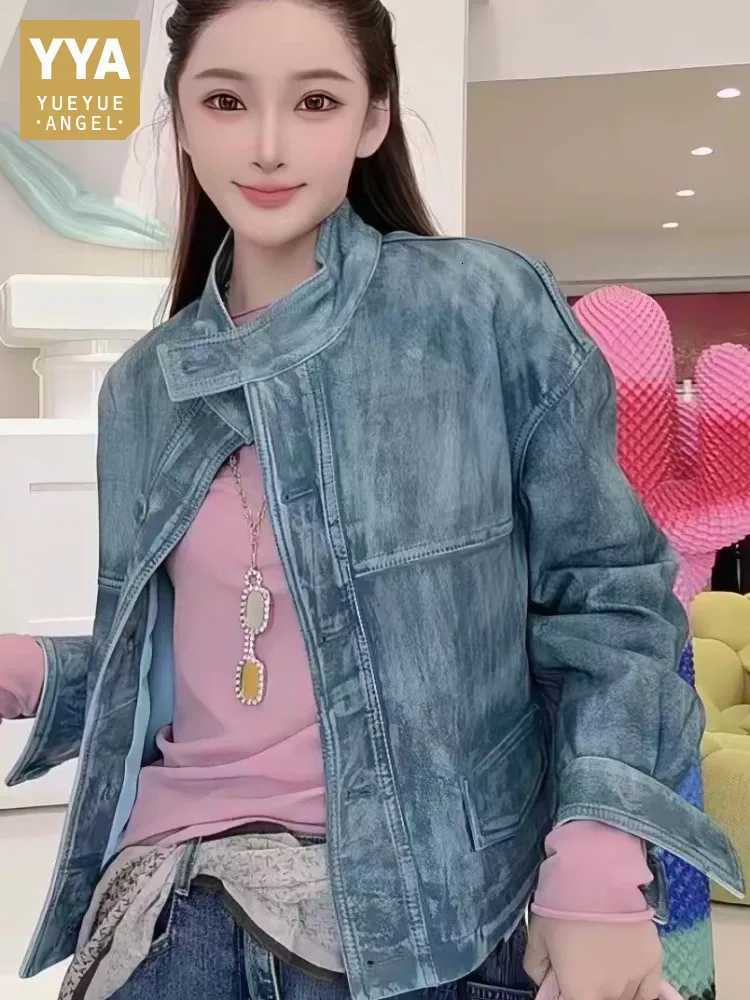 Stand Sweet Female Collar Single-Breasted Genuine Leather Short Jacket Solid Color Long Sleeves Loose Sheepskin Outerwear C260921
