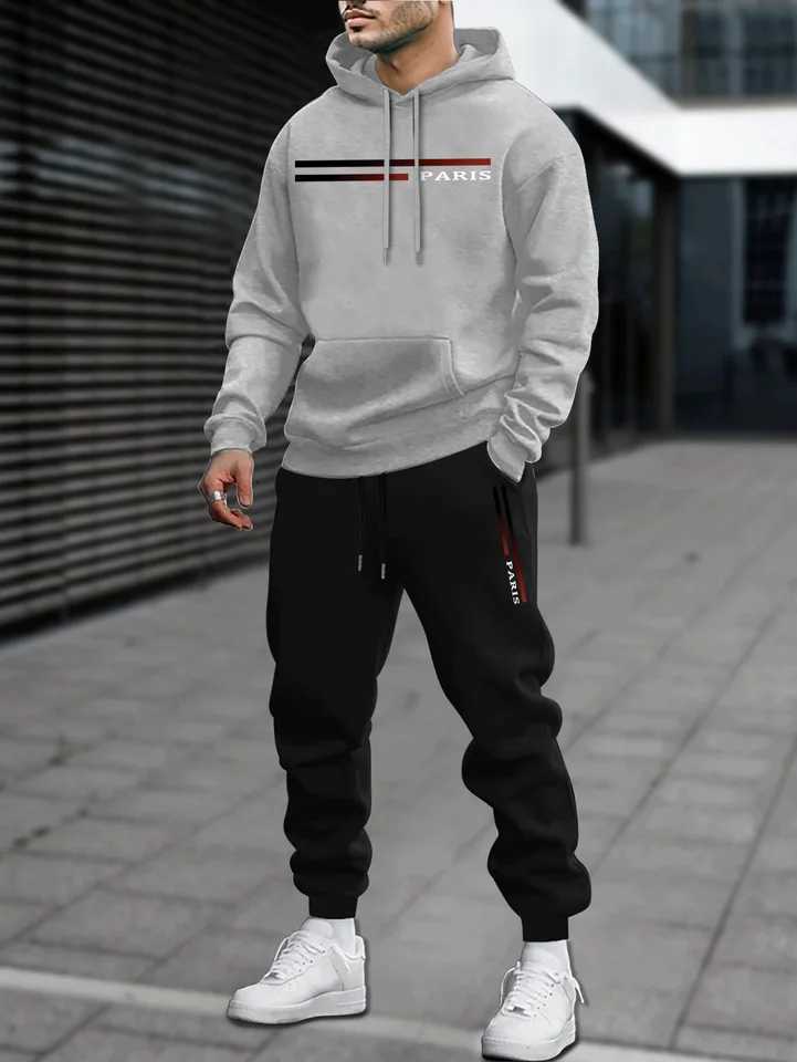 Tracksuits Men's Classic Men's Personalized Fashion Paris Stripe Printed Machine Washable Hooded Sweatshirt and Pants Casual Sports Set J2