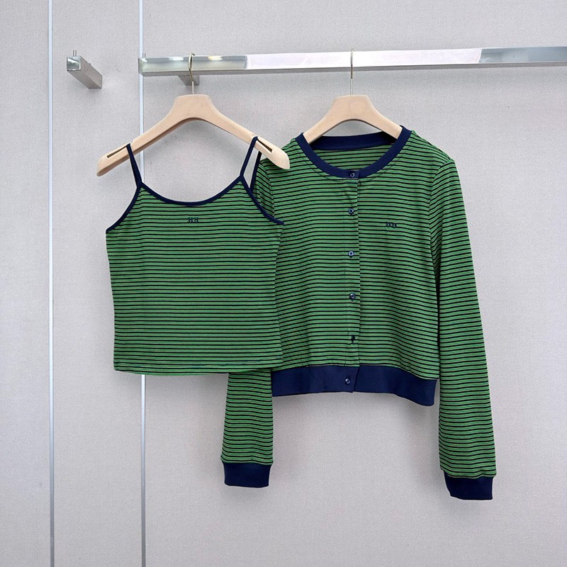 Designer Striped Vest Cardigan Suits Women Sexy Slim Fit Camisole Round Neck Button Up Cardigans 2 Piece Set Autumn Date Y2K Shirts