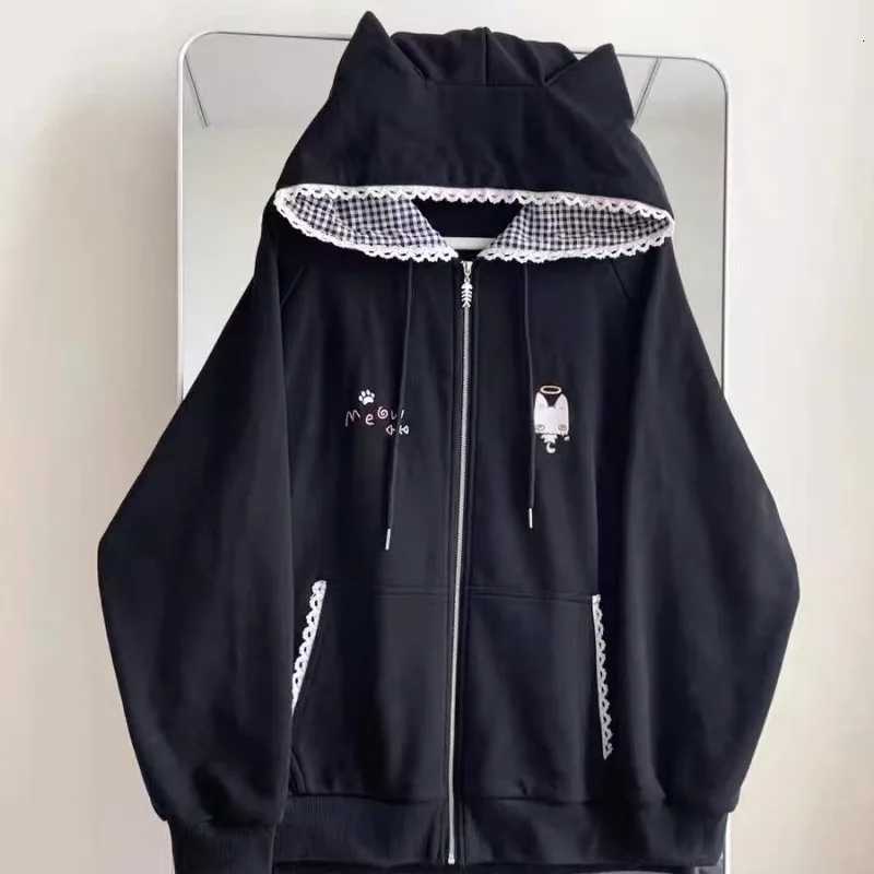 Women's Jackets Autumn Thin Black Cat Ear Hooded Jacket Women Japanese Subculture Plaid Loose Sweatshirt Kawaii Bow Design Casual Tops 2025 New