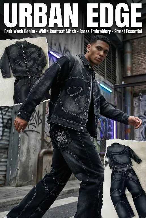 Tracksuits Men Y2K Men's Denim Jacket Pants Set Dark Wash White Contrast Stitch Embroidery Street Wear Two Piece Outfit Matching Suit Hip Hop S