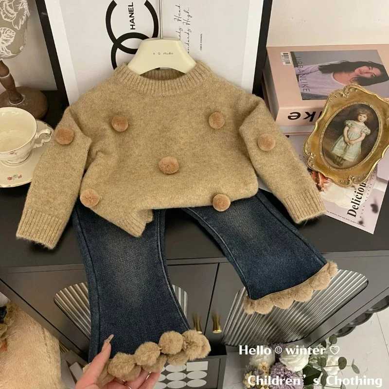 for Sweater Pullover Girls Children 2023 Autumn and Winter New Western Korean Edition Thickened Knitwear Winter Sweater Jeans Set C260921