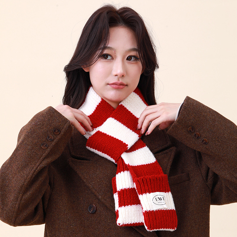 Japanese Style Color-Block Striped for Women Winter Korean Version Versatile Simple Retro Knitted Warm Cold-Proof Scarf Trendy