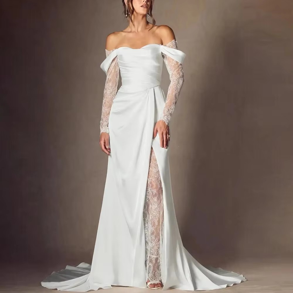 Elegant Mermaid Church Wedding Dresses Off Shoulder Buttons Long Sleeves Split Lace Satin Bridal Bride Gowns Vestidos De Novia