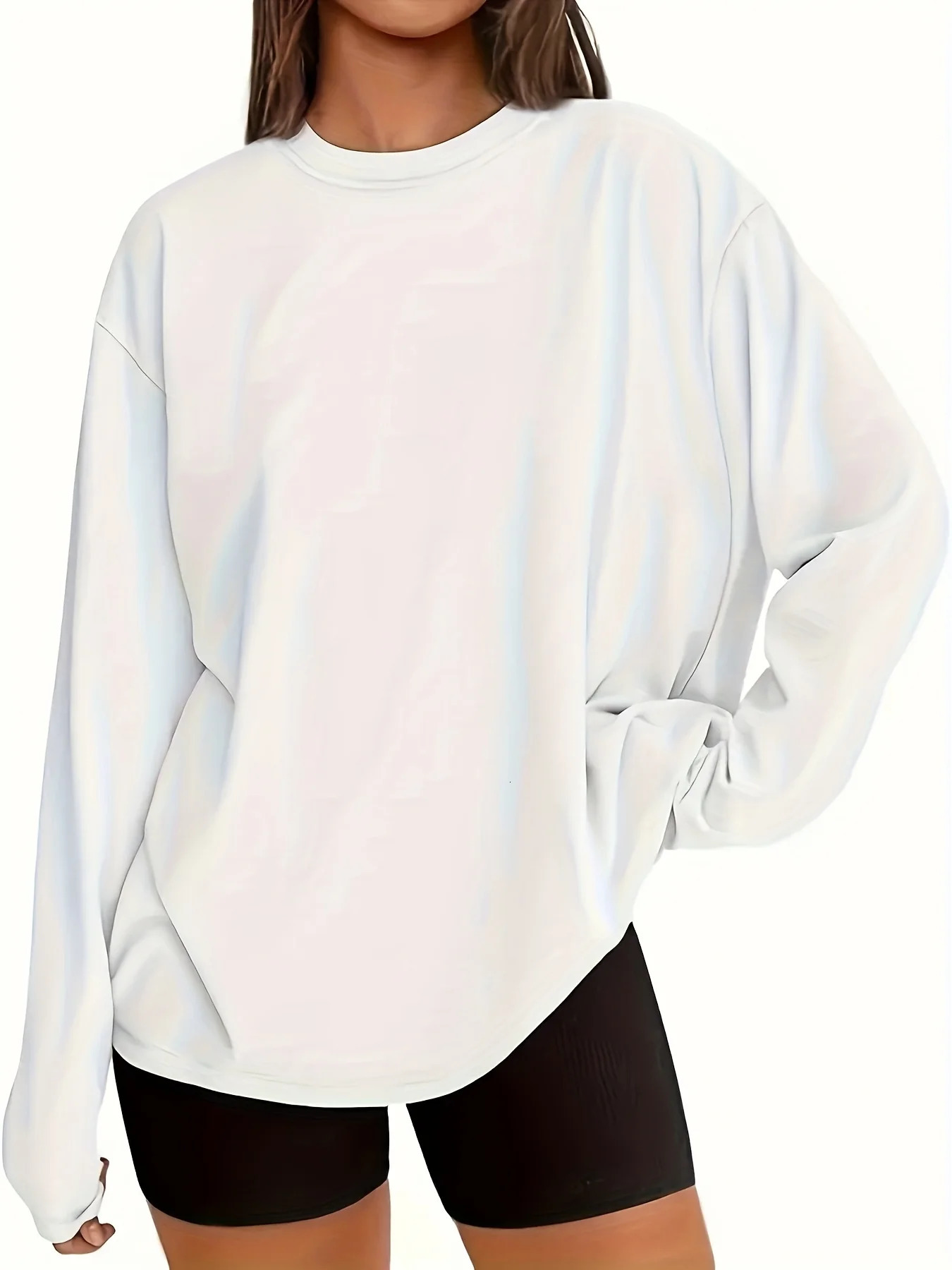 Ladies Loose Round Neck Fashionable Versatile White 100% Cotton Comfortable Long Sleeved Tshirt Trendy 260922