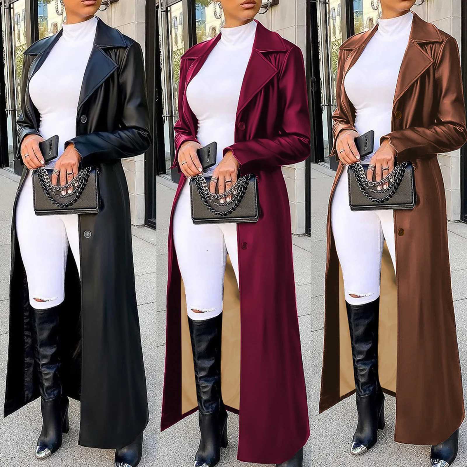 Faux Women's Leather Leather Women Coats Long Faux Leather Jackets Turn Down Collar Full Sleeve Pu Coat Work Y2k Streetwear Jacket Outerwear Wo