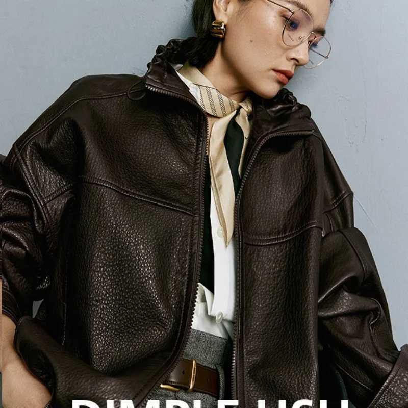 Stand-Up Women's High Collar Sheepskin Leather Jacket Glossy Short Motorcycle Style New Fashionable Outerwear for Ladies C260921