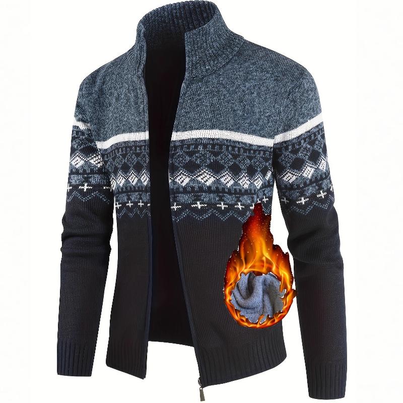 Mens Fleece Lined Knitted Cardigan Full Zipper Closure Stand Collar Ethnic Geometric Jacquard Pattern Long Sleeve Ribbed Hem Warm Sweater Coat