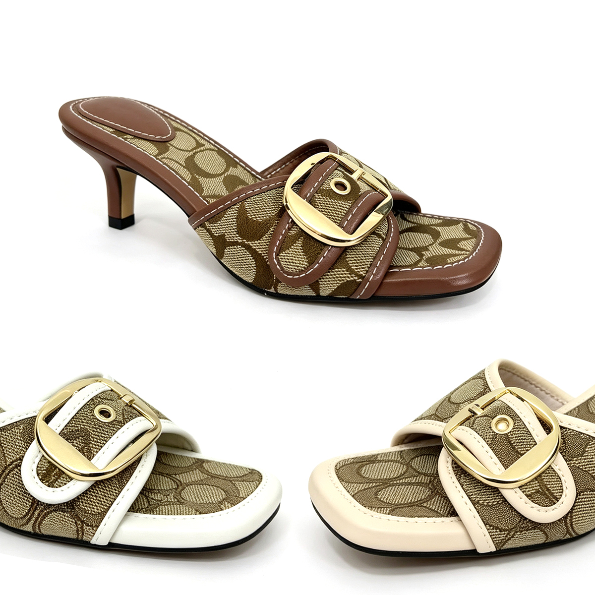 New kitten heel Slide Dress Shoes luxury Fashion Vintage open toe Mules Summer Sandal Women Slippers Classis Metal Buckle Sexy Jacquard Designer Pri