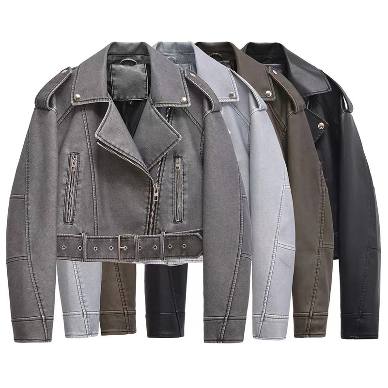 Coat Women Faux PU Leather Jacket High Street Motorcycle Coat Casual Lady Lapel Zipper Short Leather Jacket 260921