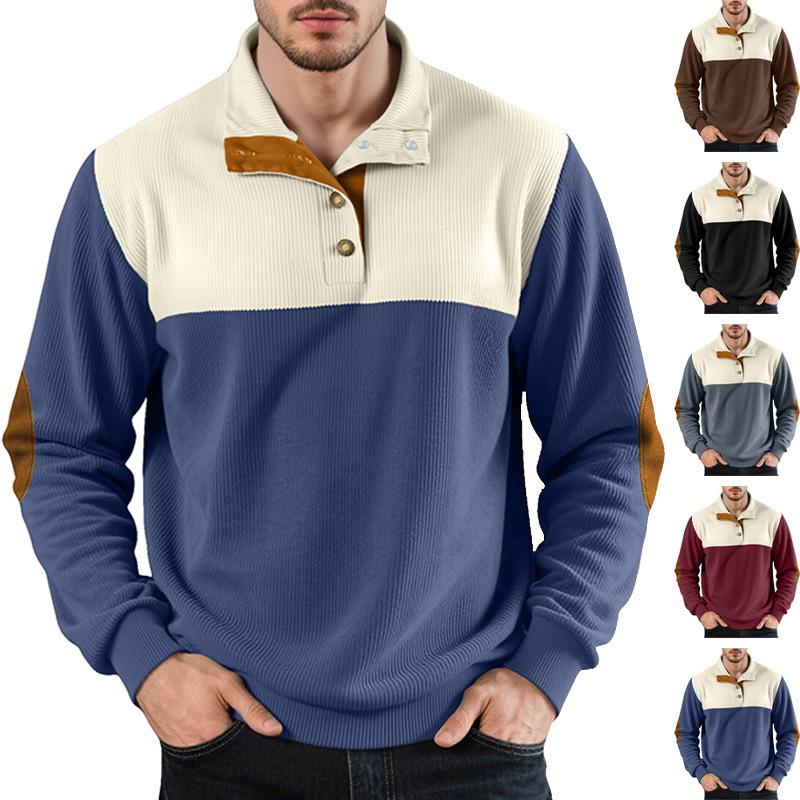 Polo côtelé à manches longues pour hommes, Design bloc de couleurs, col Henley, patchs de coudes contrastés, haut doux et décontracté pour tous l
