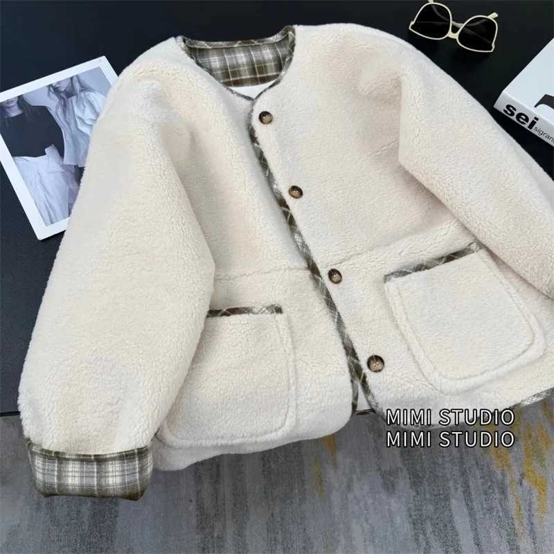 Women's Jackets New Fashion Cardigan Loose Retro fur one Coat Women's Autumn and Winter new Small Fragrance Suede Plaid Stitching Joker Ja