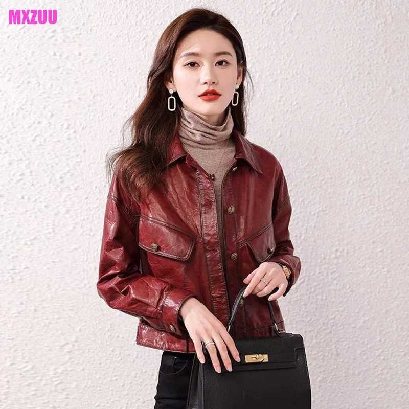 Sheepskin Coat New for Women Spring Autumn Fashion Lapel Single-Breasted Casual Short Red Wine Waxy Leather Jacket Abrigo Mujer C260921
