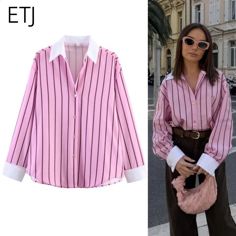 ETJ 2026 Pink Vertical Stripe Shirt Women Contrast White Collar Cuff Long Sleeve Color Block Blouse Office Lady Tops 260921
