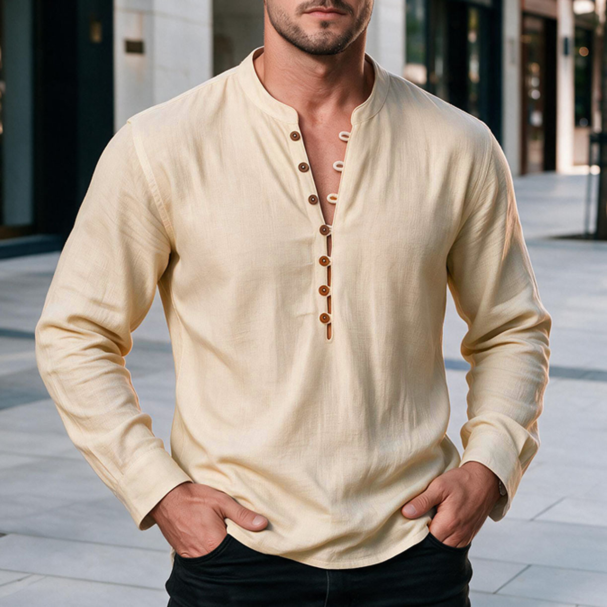 2026 Men's New Cross-border Casual Standing Collar Henry Long Sleeve Multiple Button Half Opening Collar Shirt Retro Henry Shirt