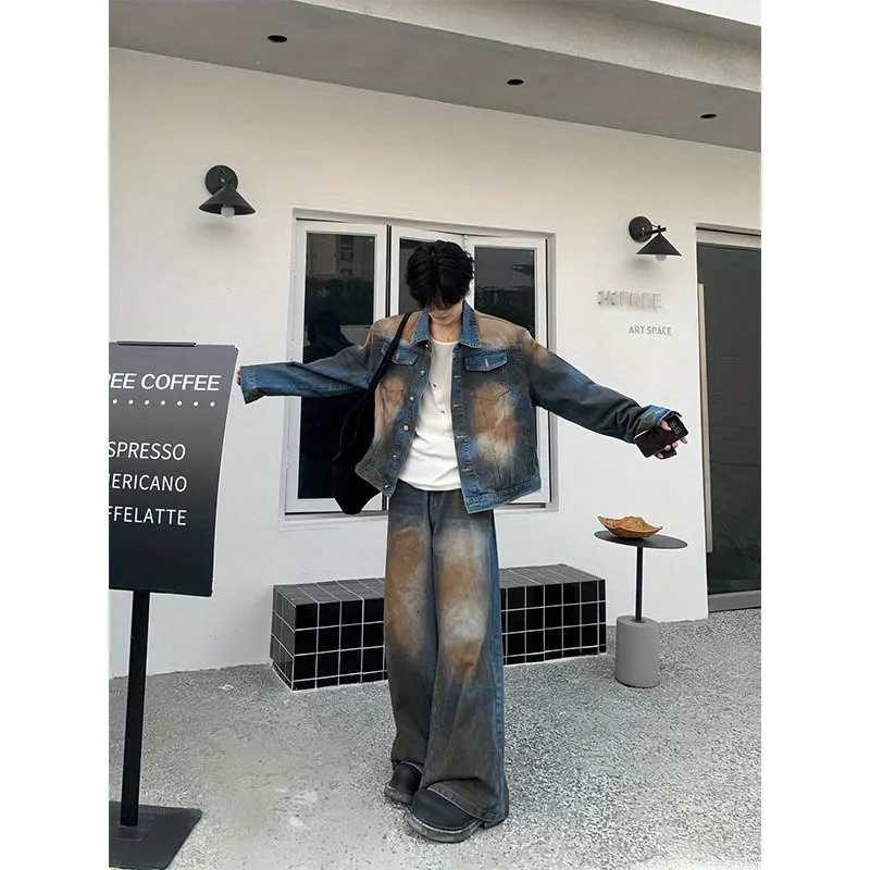Vintage Mens Men's Tracksuits Tie Dye Denim Suit Oversize Heavy Weight Washed Denim Jacket Wide Leg Pants Two Piece Outfit J260921