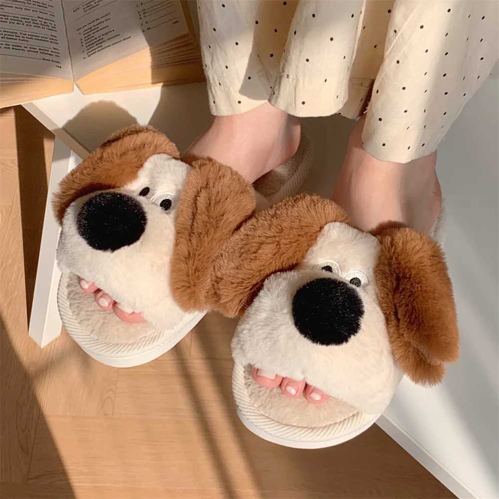 2025 New Cute Cartoon Dog Fluffy Slippers For Women Men Faux Fur Warm Shoes Open Toe Anti-slip Couples Indoor Home Floor Slides T260922