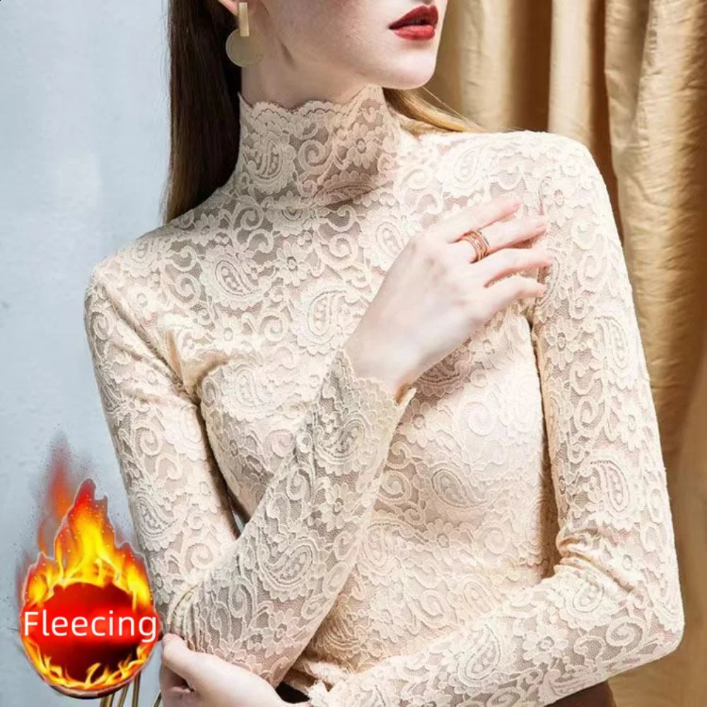 Autumn Winter High Neck Lace Long Sleeve Thick Thin Fleece Women Basics Tops Elegant T-Shirt Trend Slim Sexy Sweet Underwear 260921