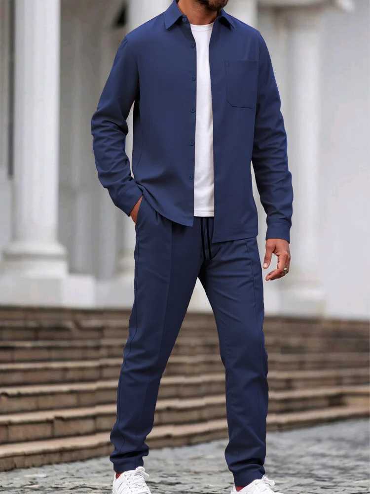 casual Men's Tracksuits Men's retro fashion pocket jacket and long pants solid color set suitable for camping fishing and sports. 2-piece