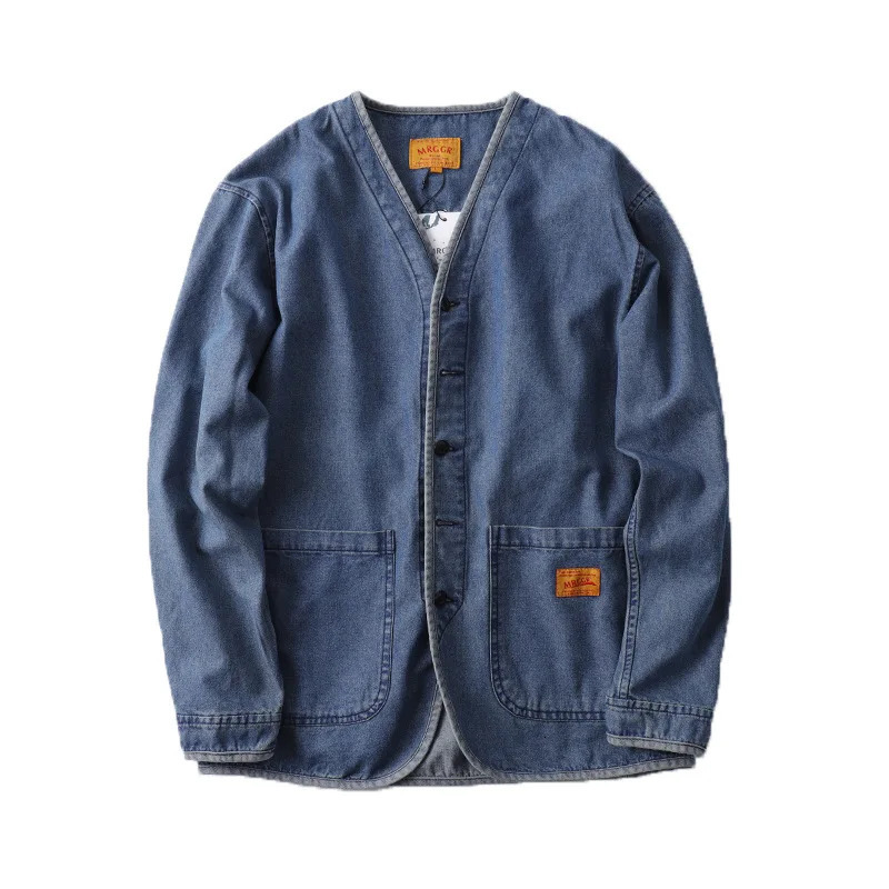 Japanese retro heavy washed workwear denim jacket men's spring collarless robe men's coat260921