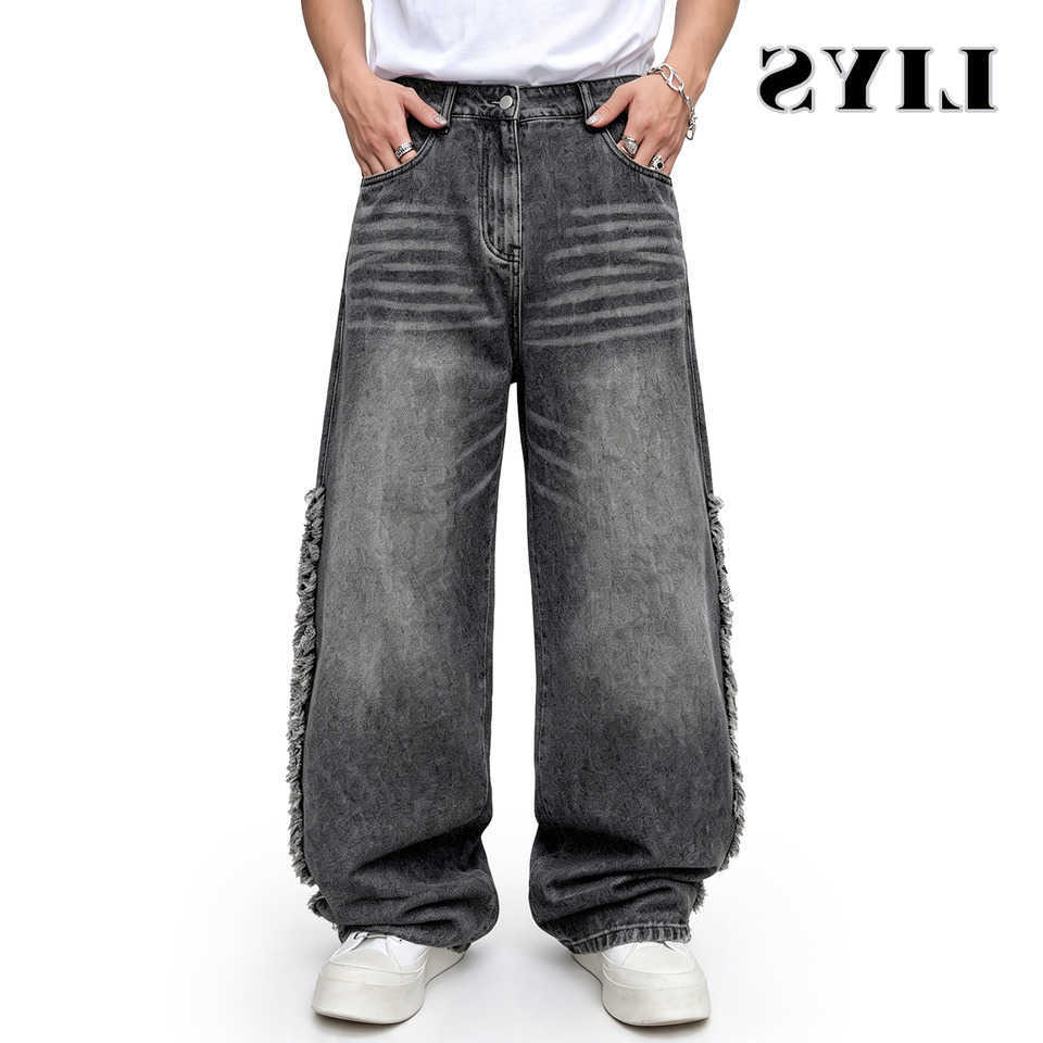 LIYS Men's Jeans Men's Black Fringe Tassel Baggy Wide Leg Jeans Unisex Grunge Punk Distressed Denim Pants Street Rock Gothic Clothing T260