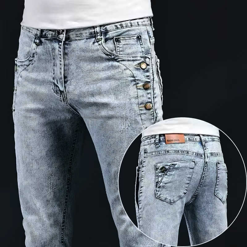 New Men's Jeans Men's Slim Elastic Skinny Jeans Korean Design Fashion Multi-Button Vintage Washed Cotton Stretch Denim Pants Male Trousers