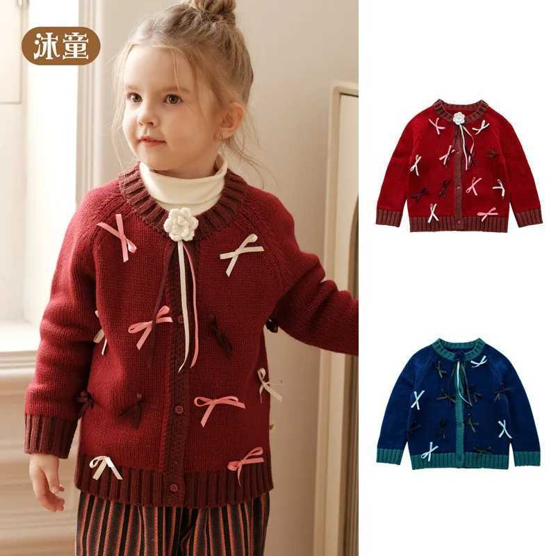 Girls Pullover Winter 2026 Autumn Red Knit Cardigan Sweet Bow Decor Kids Coat Christmas New Year Baby Girls Sweater Outerwear C260921