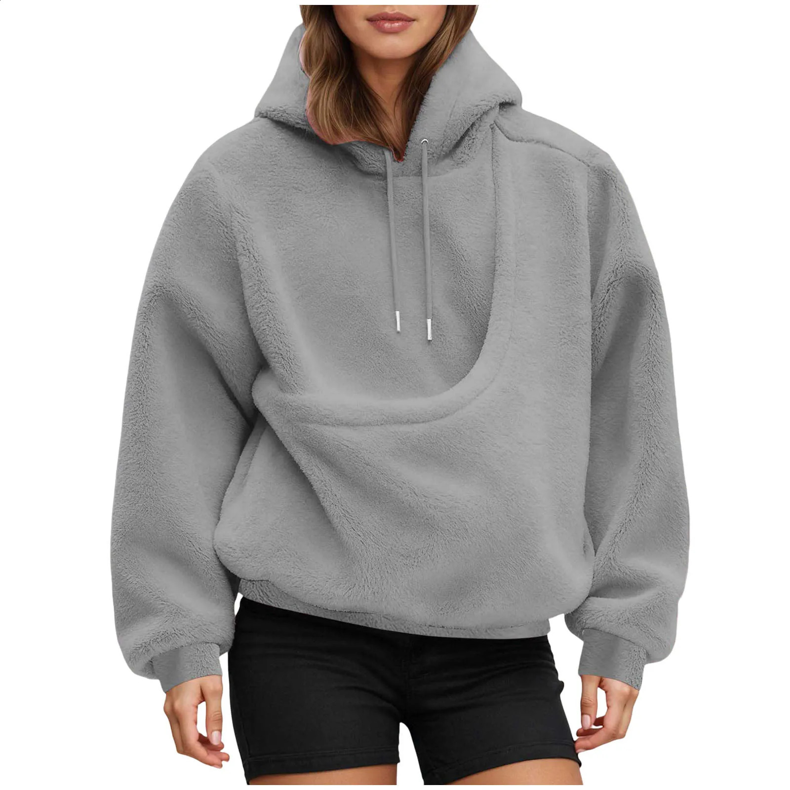 Autumn Winter Womens Kangaroo Hoodie Faux Fur Fleece Sweatshirt with Pet Pocket Cat Funny Hooded Pullovers 260921