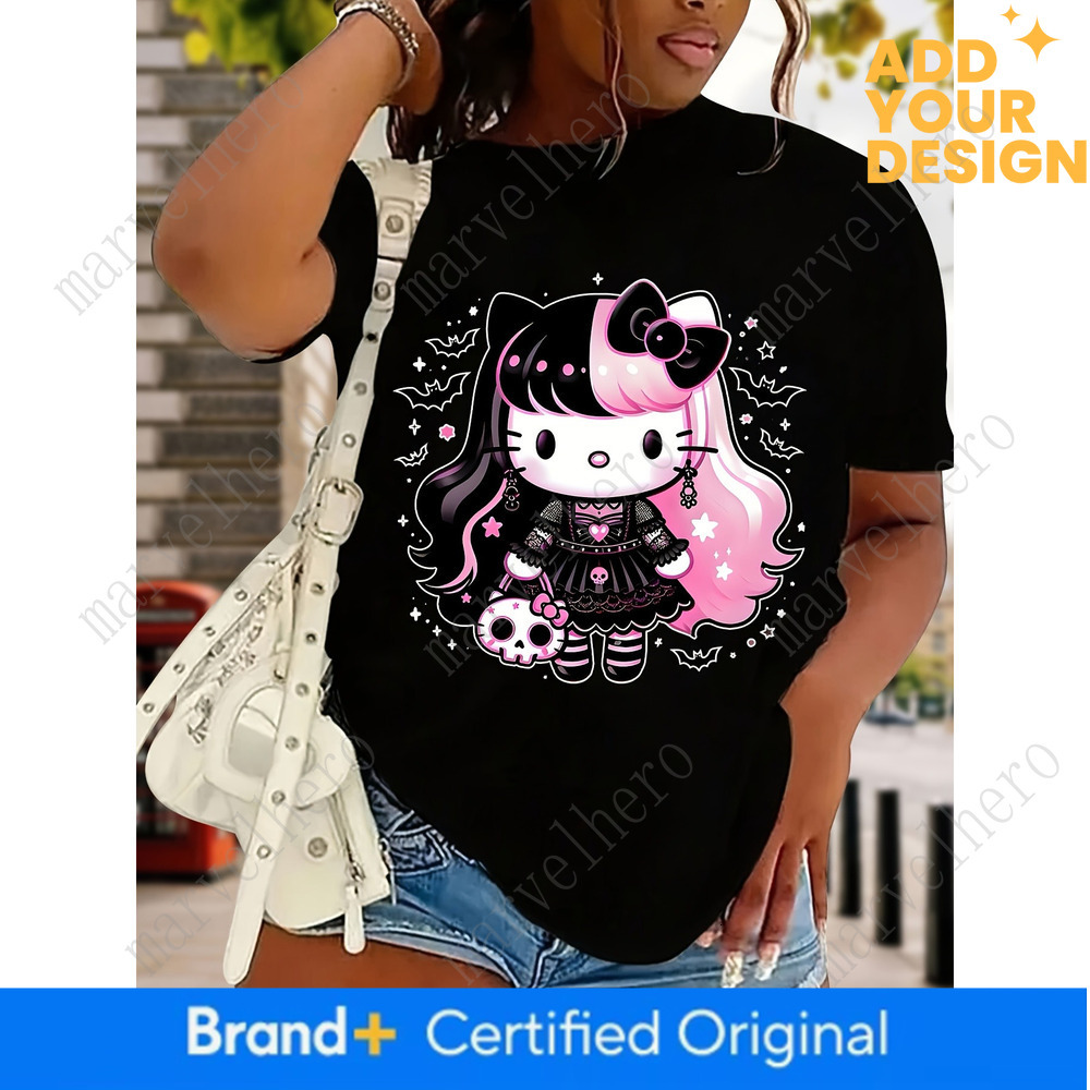 Maglietta gotica da donna Hello Kitty con fiocco pesante e ala di pipistrello Anime Top Kawaii Pop Culture Icon Camicia a maniche corte a strati per