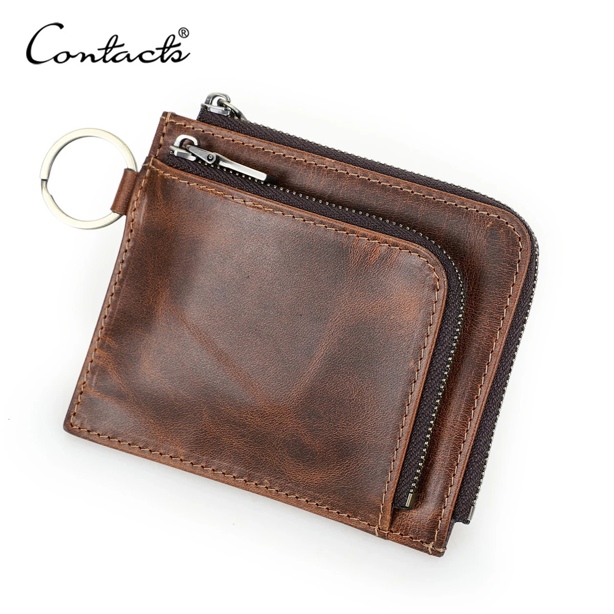 CONTACTS Genuine Leather Men Short Wallets Full Grain Mini Wallet Key Chain AirTag Card Holder Mioney Clip Coin Purses 260922