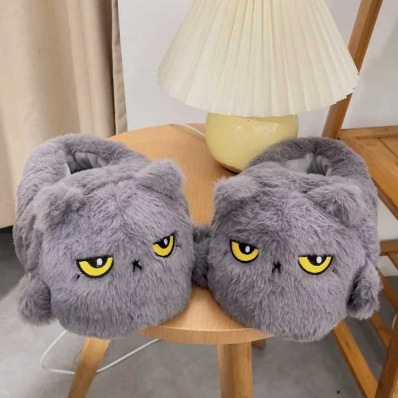 Cute Cartoon Cat Indoor Fluffy Slippers For Women Men Funny House Shoes Warm Faux Fur Anti-slip Couples Winter Home Cotton Shoe T260922