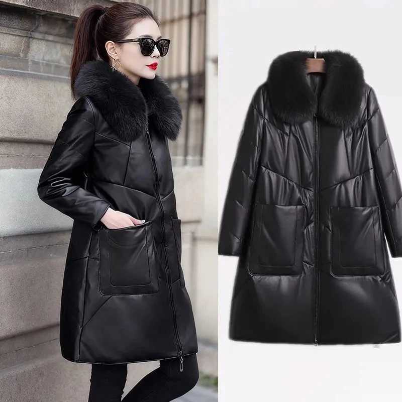 Long Women's Winter Loose Soft Leather Cotton Jacket Korean Fashion Fur Collor Puffer Jacket Large Size PU Leather Parkas Coat C260921