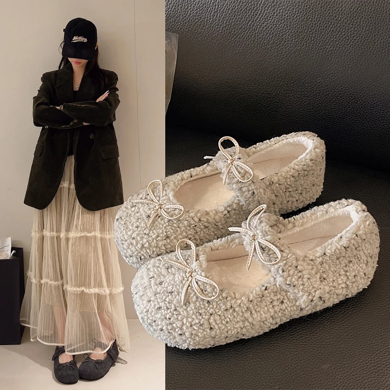 2026 Women's Autumn and Winter Fleece-Lined Mary Jane Shoes Warm Cotton Moccasins Loafers 260922