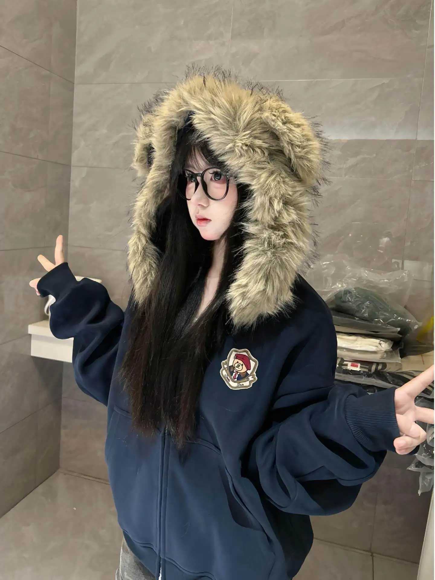 Chaquetas de mujer Sudadera con capucha retro americana Abrigo bordado con forro polar de talla grande para mujer Chaqueta con cuello cálido Manga r