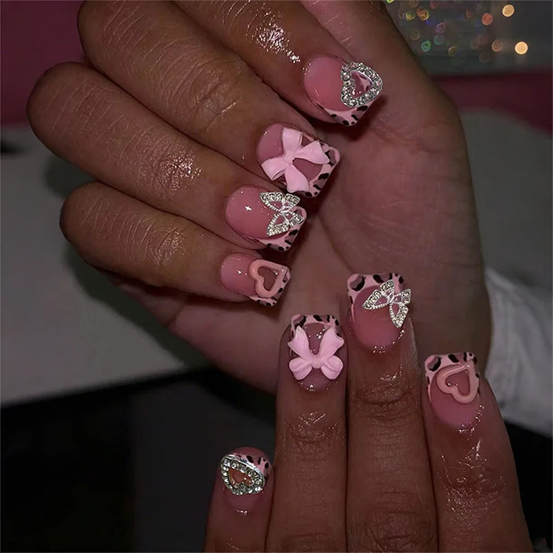 24pcs Spicy Girls Bowknots Press On Nails Leopard Print French Style Fake Nail Diamnod Heart Butterfly Decor Square False Nail 260922