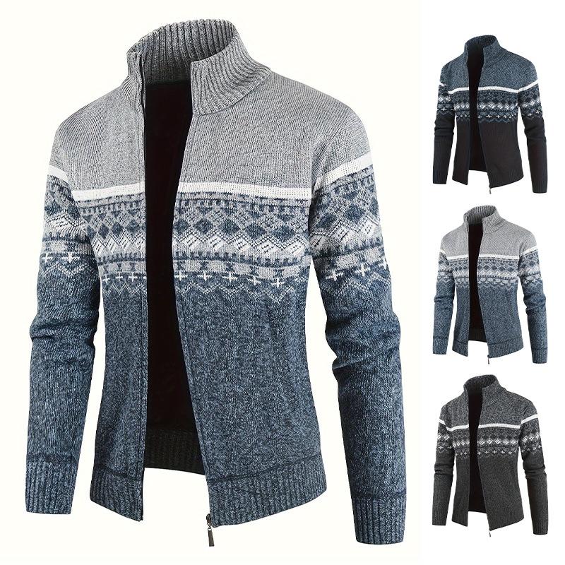 Mens Full Zip Fleece Lined Knit Cardigan Stand Collar Fair Isle Geometric Pattern Long Sleeve Ribbed Cuffs Hem Warm Winter Sweater Jacket