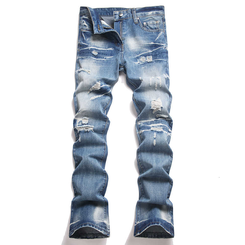 Men's Men's Jeans Blue Flared Jeans Streetwear Washed Stretch Denim Pants Casual Holes Ripped Distressed Slim Boot Cut Trousers T260922