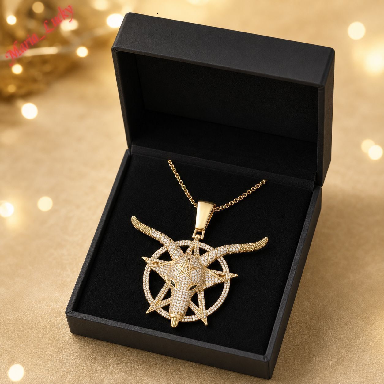 Gold Toned Iced Out Goat Head Pentagram Moissanite Pendant Necklace Black Eyes Detailed Gothic Statement Charm Trendy Punk Hip Hop Jewelry Accessory
