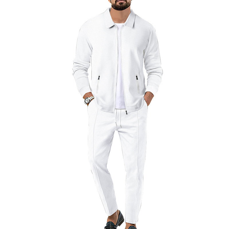 2 piece set men designer jogging Mens Autumn Youth Waffle style material Jacket Zipper Pockets Slim-Fitting Cardigan Set