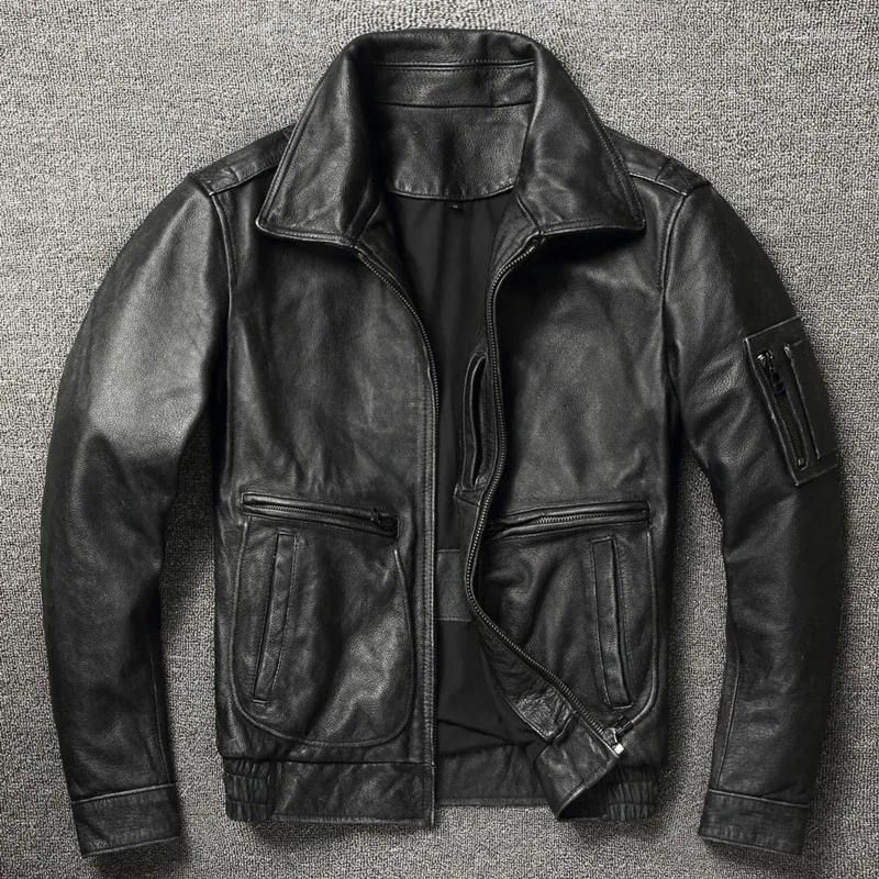 Cowhide Genuine Leather Coat For Men Style Of Moto & Biker Vintage Slim Male Natural Fashion Lapel Jacket